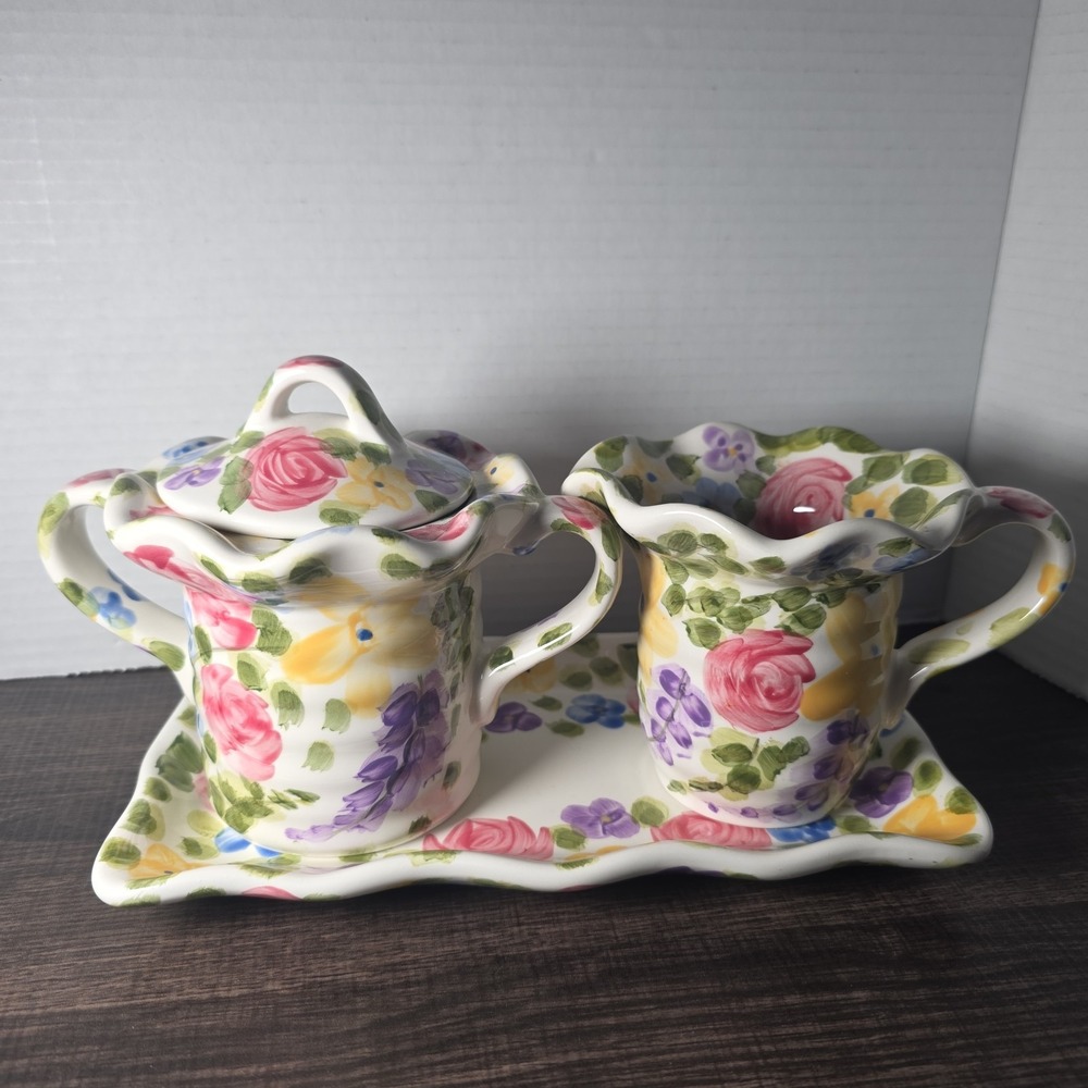3 Piece Tabletops Unlimited Gallery "Jardine" Ceramic Creamer Sugar Tray Set